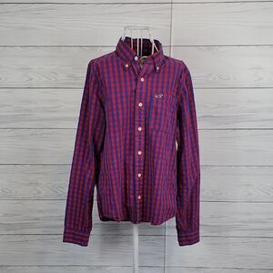 Hollister Red and Blue Checkered Plaid Men's Button Down Shirt Size L
